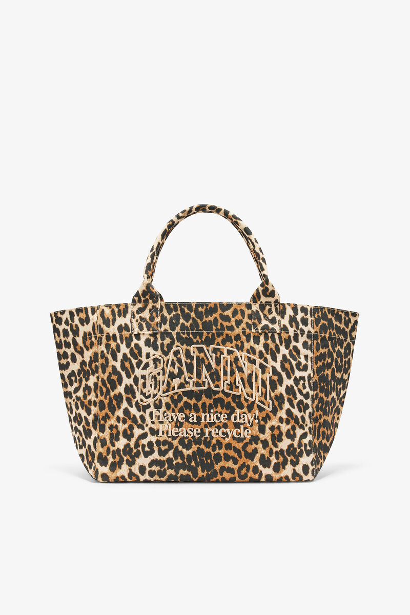 Tote Medium in Leopard, Recycled Cotton, in colour Almond Milk - 1 - GANNI