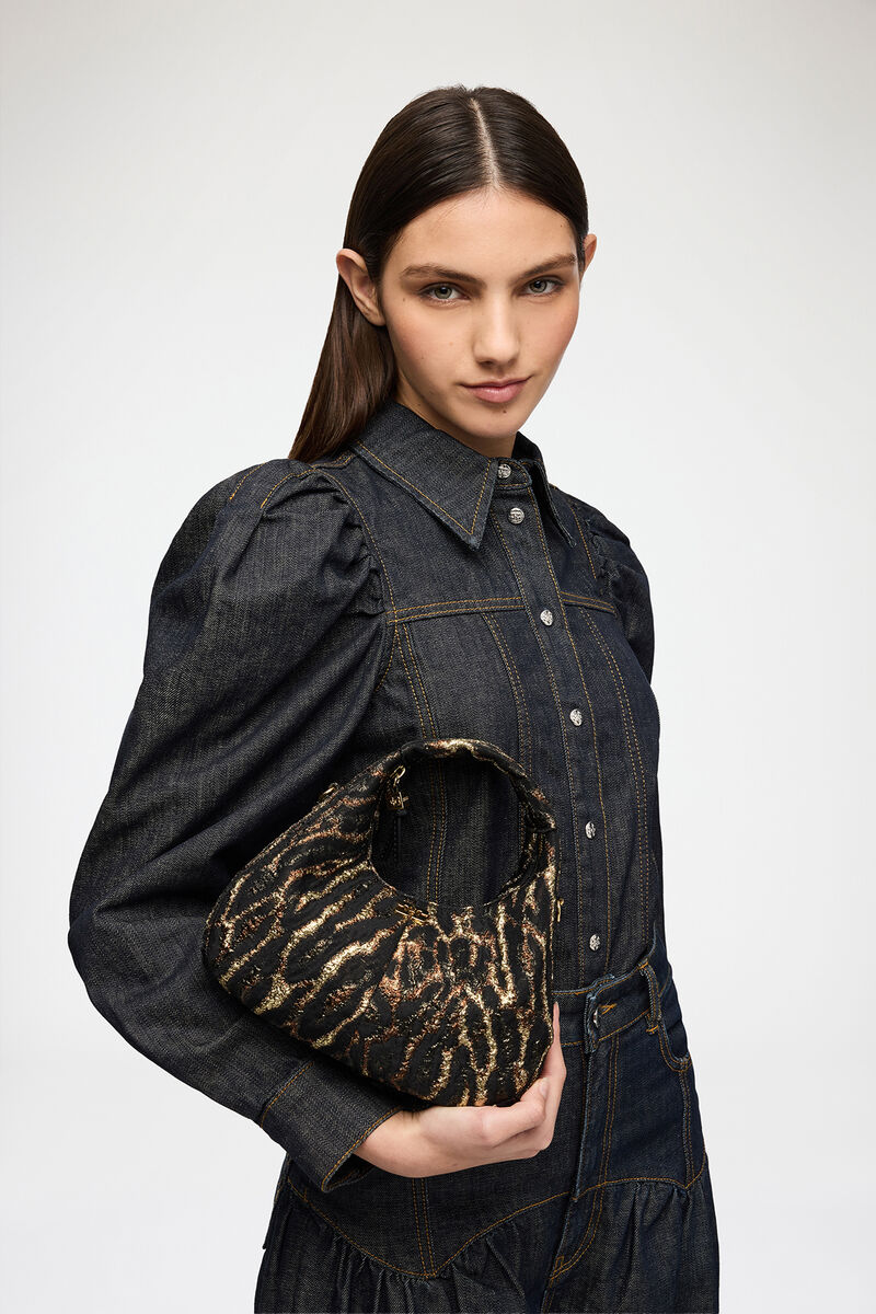 Mini Hobo Bag in Metallic Cloque, Polyamide, in colour Antique Bronze - 1 - GANNI