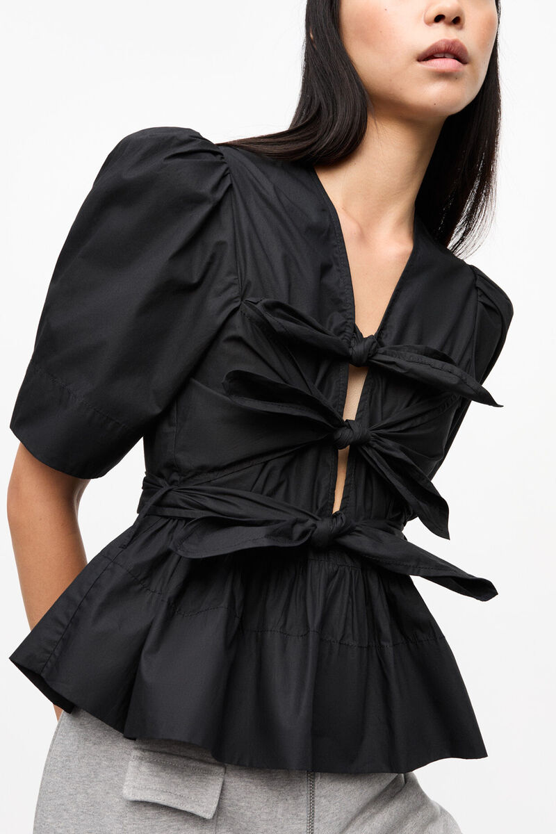 ブラック ストレッチコットン タイストラップ ブラウス, Organic Cotton, in colour Black - 4 - GANNI