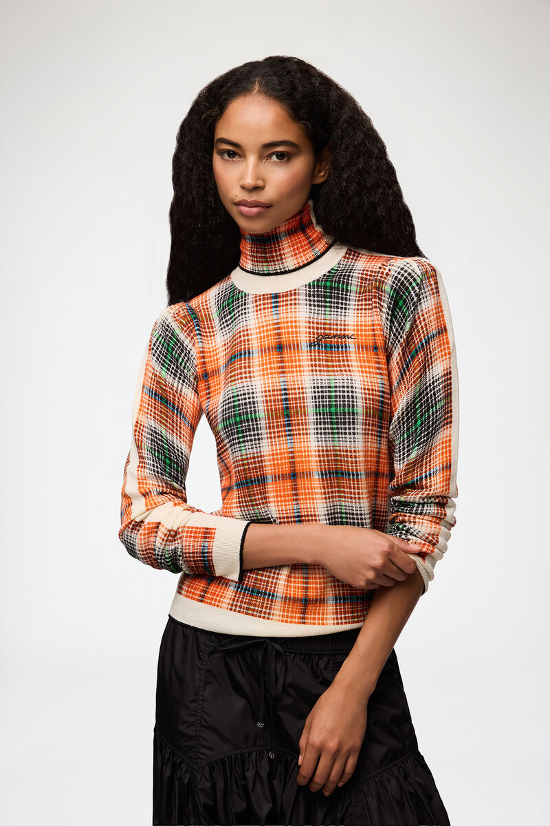 Rutig polotröja i merinoull, Merino Wool, in colour Russet Orange - 1 - GANNI