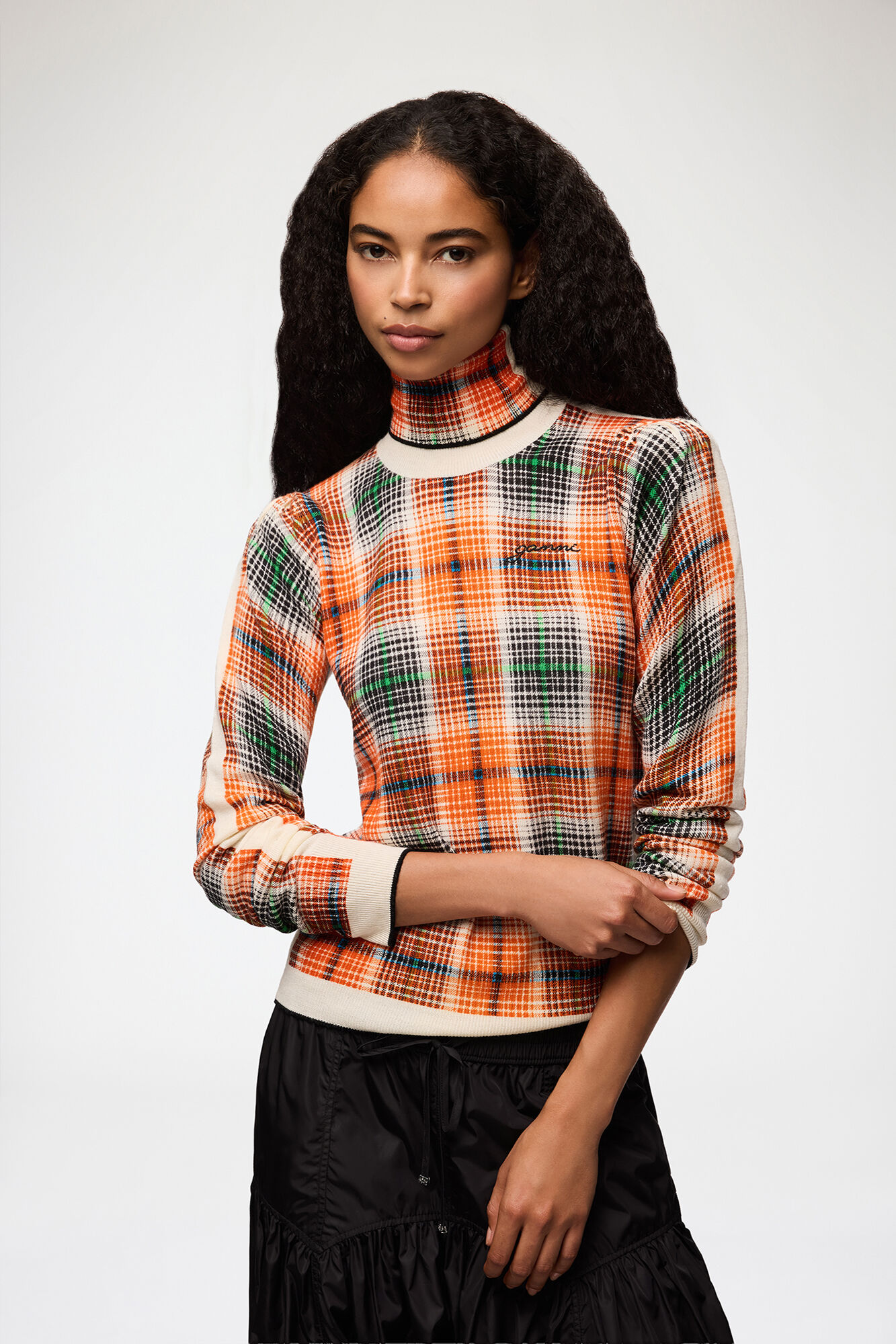 Rutig polotröja i merinoull, Merino Wool, in colour Russet Orange - 1 - GANNI