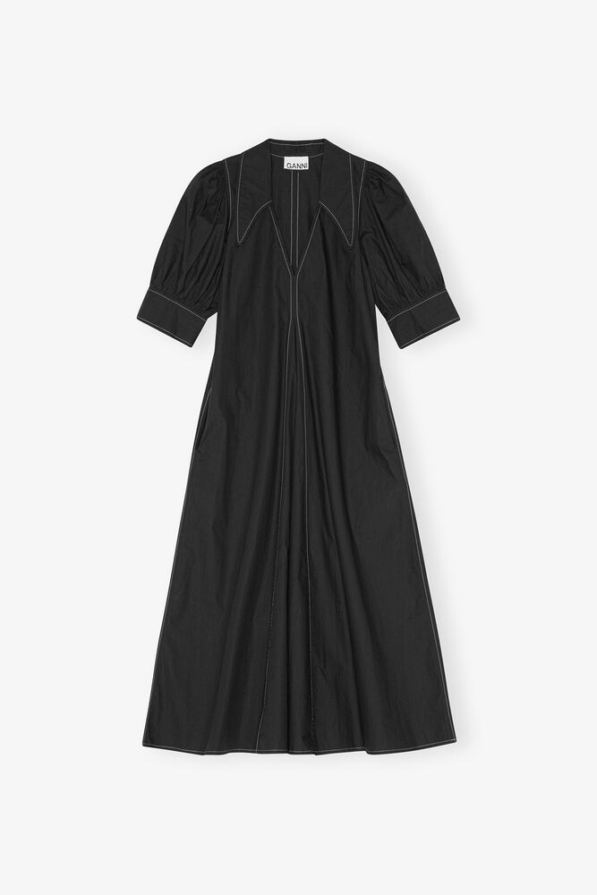 Cotton Poplin V-Neck Midi Dress, Black