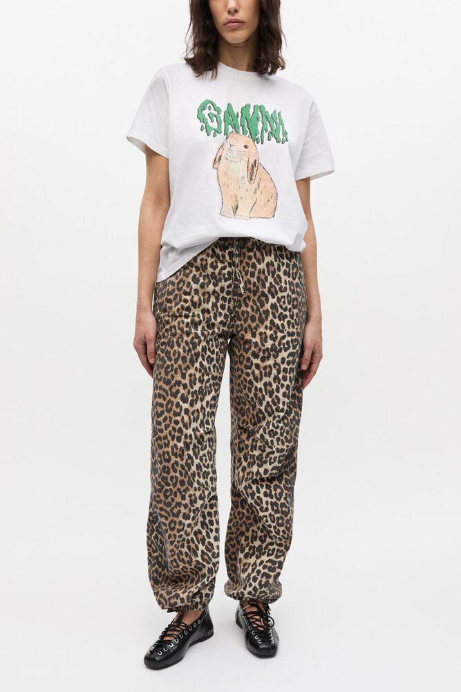 Trousers in Leopard Washed Cotton Canvas, Almond Milk