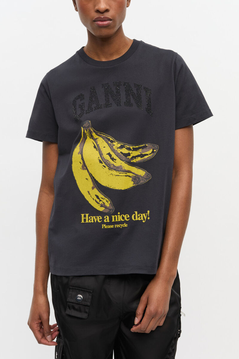 Black Banana Graphic T-shirt, Organic Cotton, in colour Phantom - 1 - GANNI