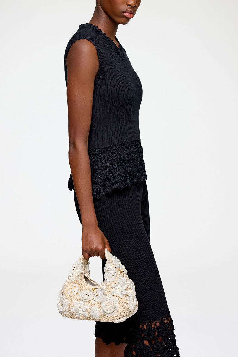 Mini Hobo Bag in White Crochet, Organic Cotton, in colour Egret - 1 - GANNI