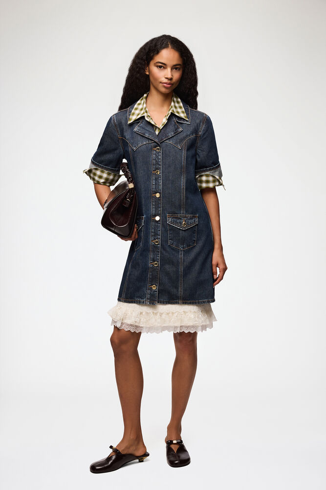 Mini Dress in Textured Slub Denim, Dark Blue Vintage