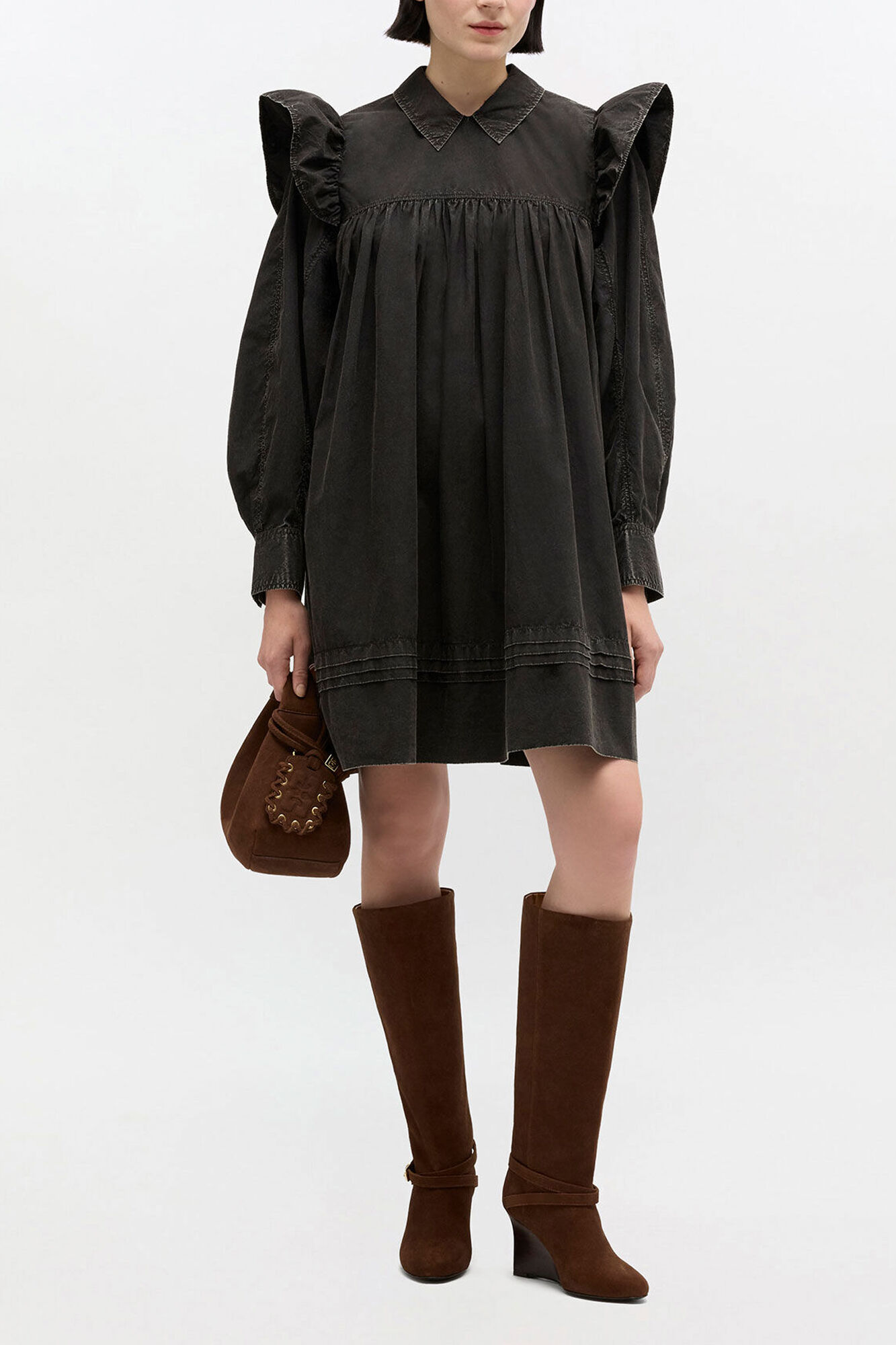 Black Washed Mini Shirt Dress, Organic Cotton, in colour Black - 1 - GANNI