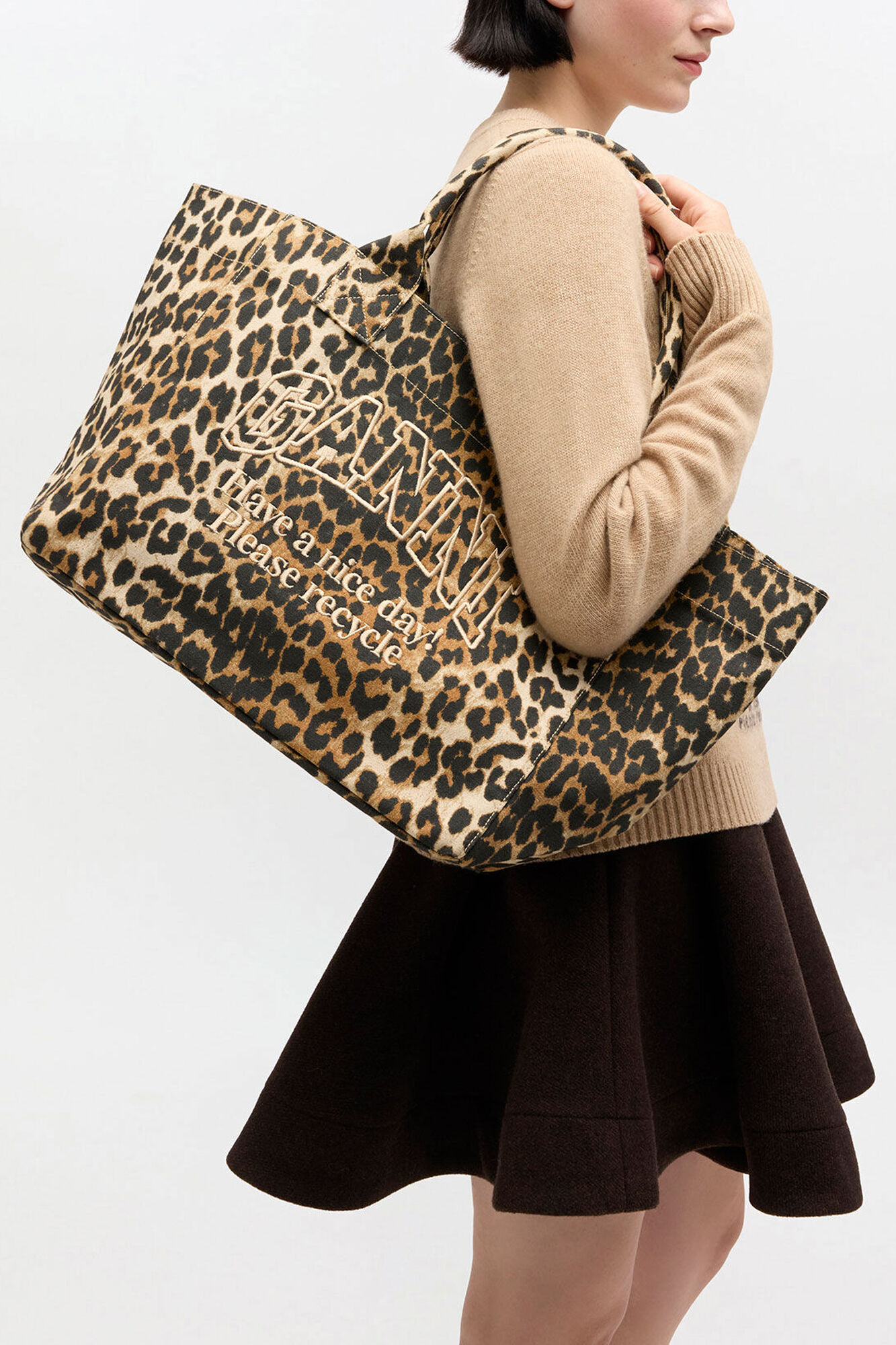 Tote Medium in Leopard, Recycled Cotton, in colour Almond Milk - 1 - GANNI