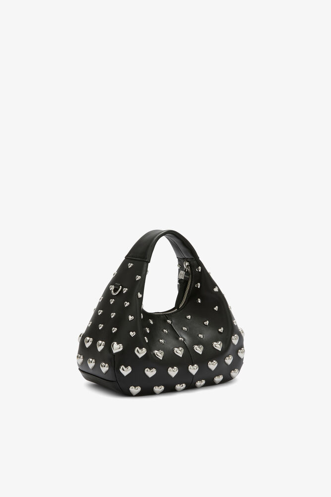 Mini Hobo Bag with Heart Studs in Black, Black