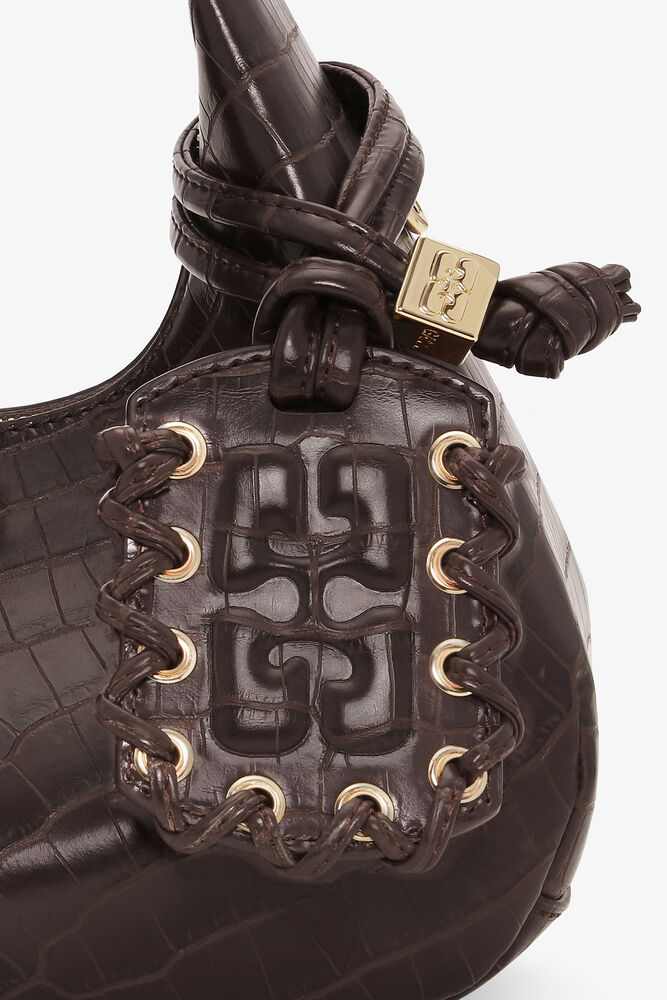 Mini Hobo Bag in Brown Croco, Chocolate Fondant
