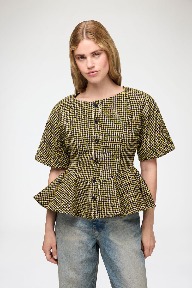 Blouse in Yellow Check, Recycled Polyester, in colour Blazing Yellow - 1 - GANNI