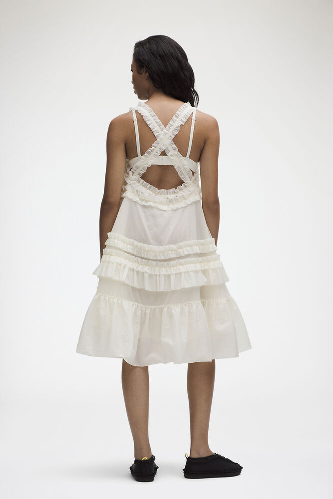 Ruffle-Trim Textured Midi Dress, Coconut Ivory