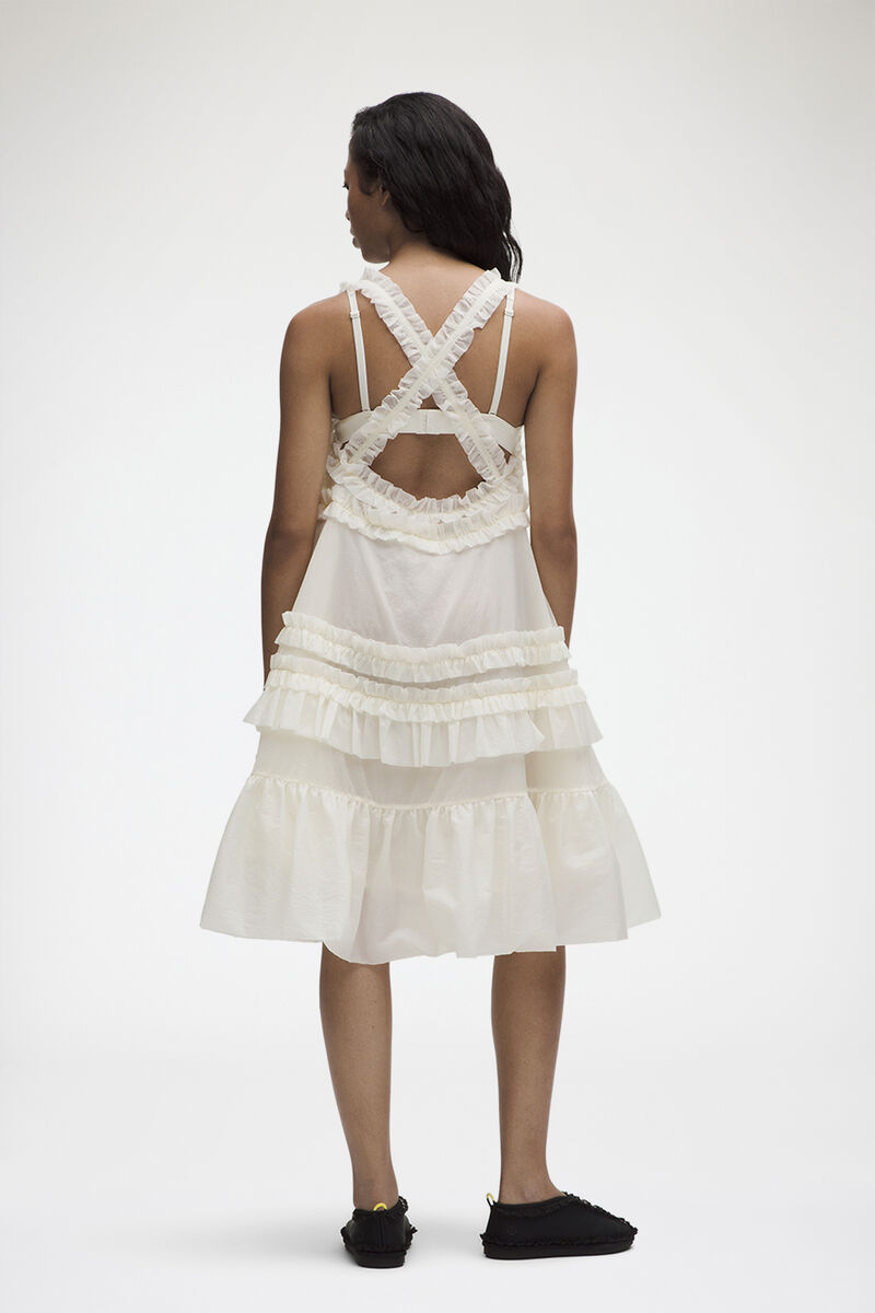 Ruffle-Trim Textured Midi Dress, Recycled Polyamide, in colour Coconut Ivory - 2 - GANNI