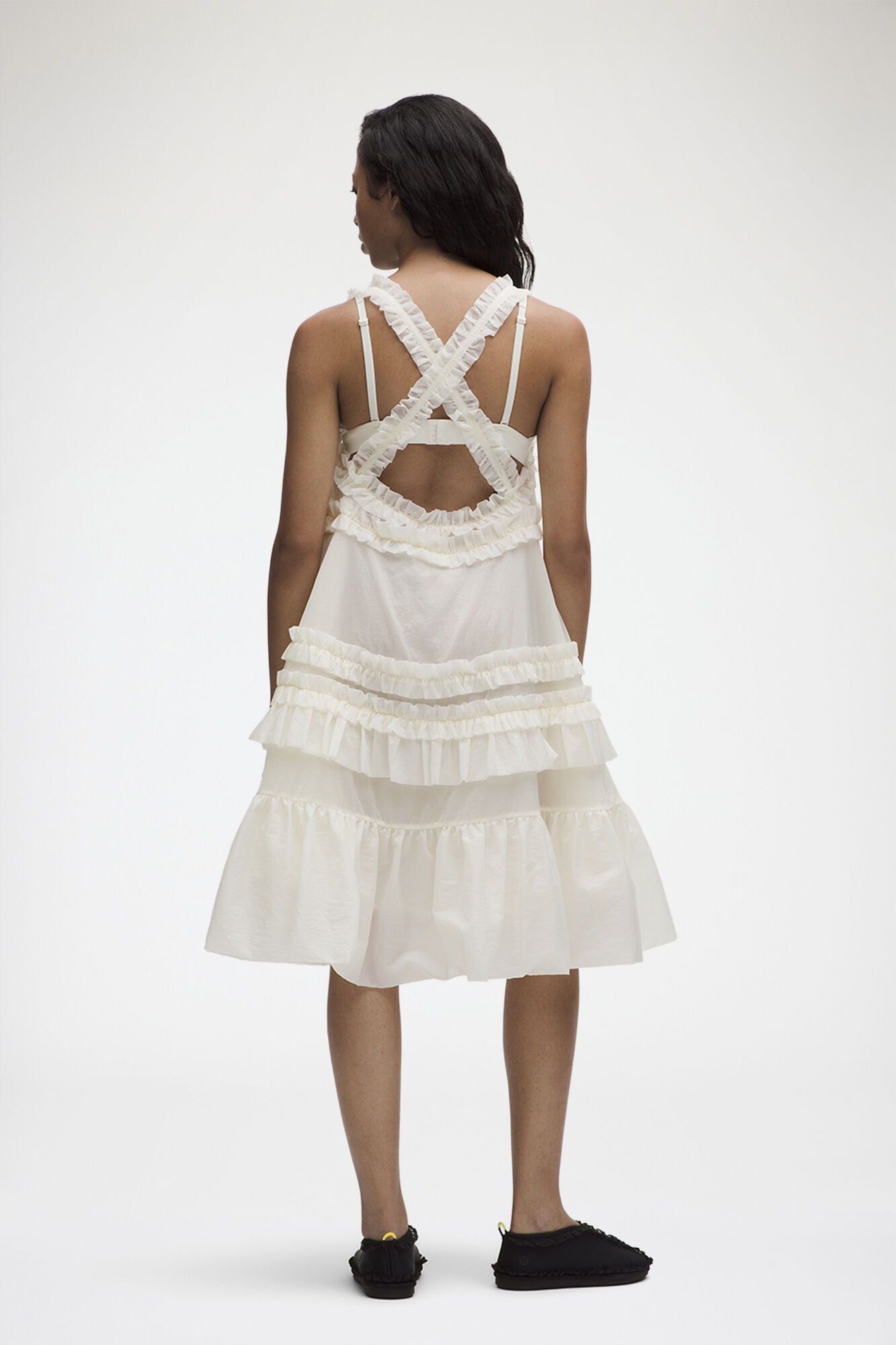 Ruffle-Trim Textured Midi Dress, Recycled Polyamide, in colour Coconut Ivory - 2 - GANNI