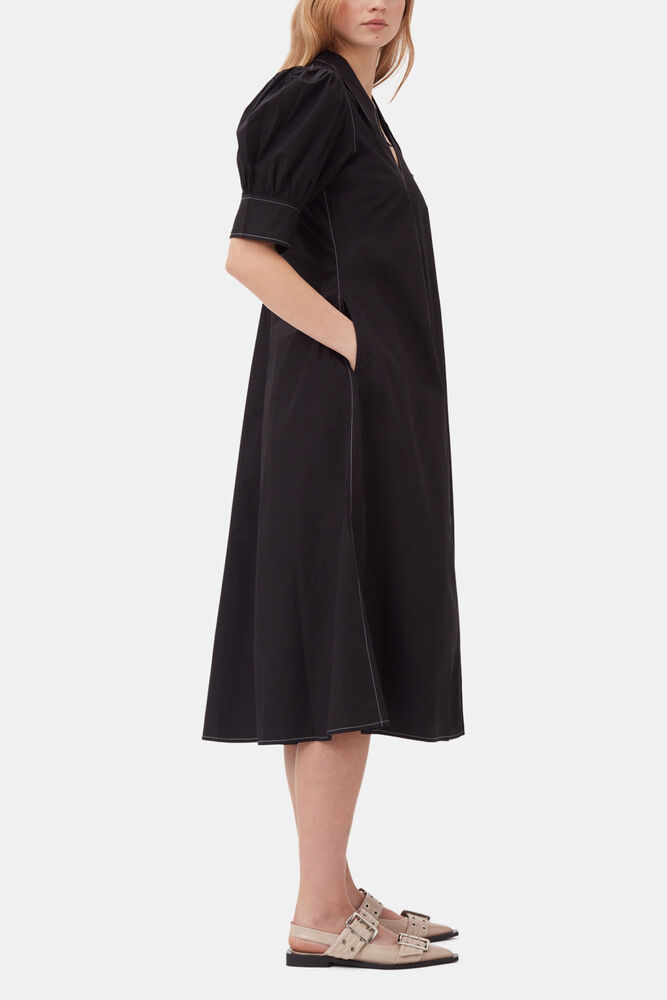 Cotton Poplin V-Neck Midi Dress, Black