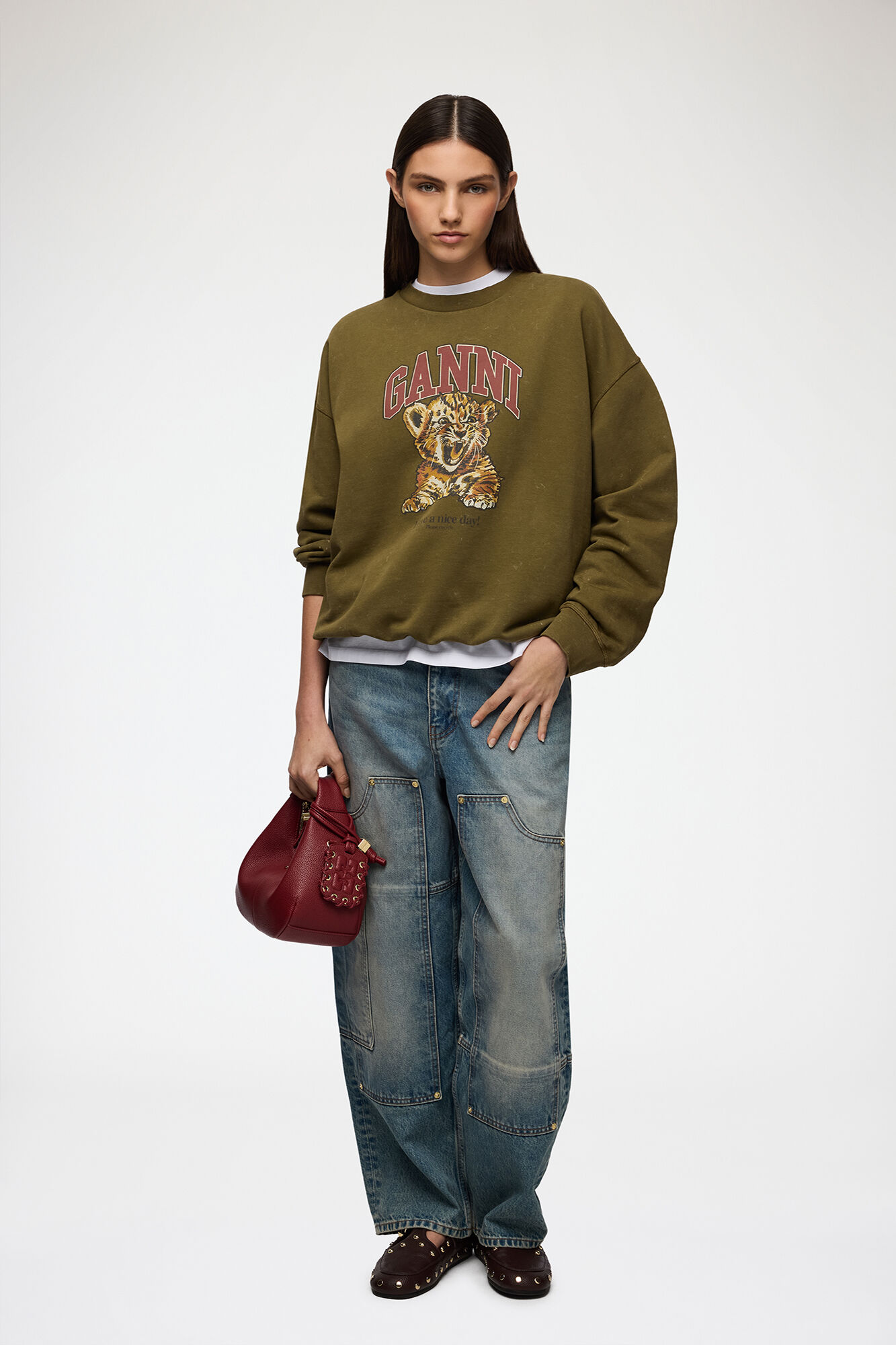 Sweat avec imprimé tigre, Organic Cotton, in colour Military Olive - 2 - GANNI