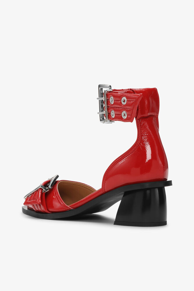 Red Feminine Buckle Open Cut Pumps, Racing Red
