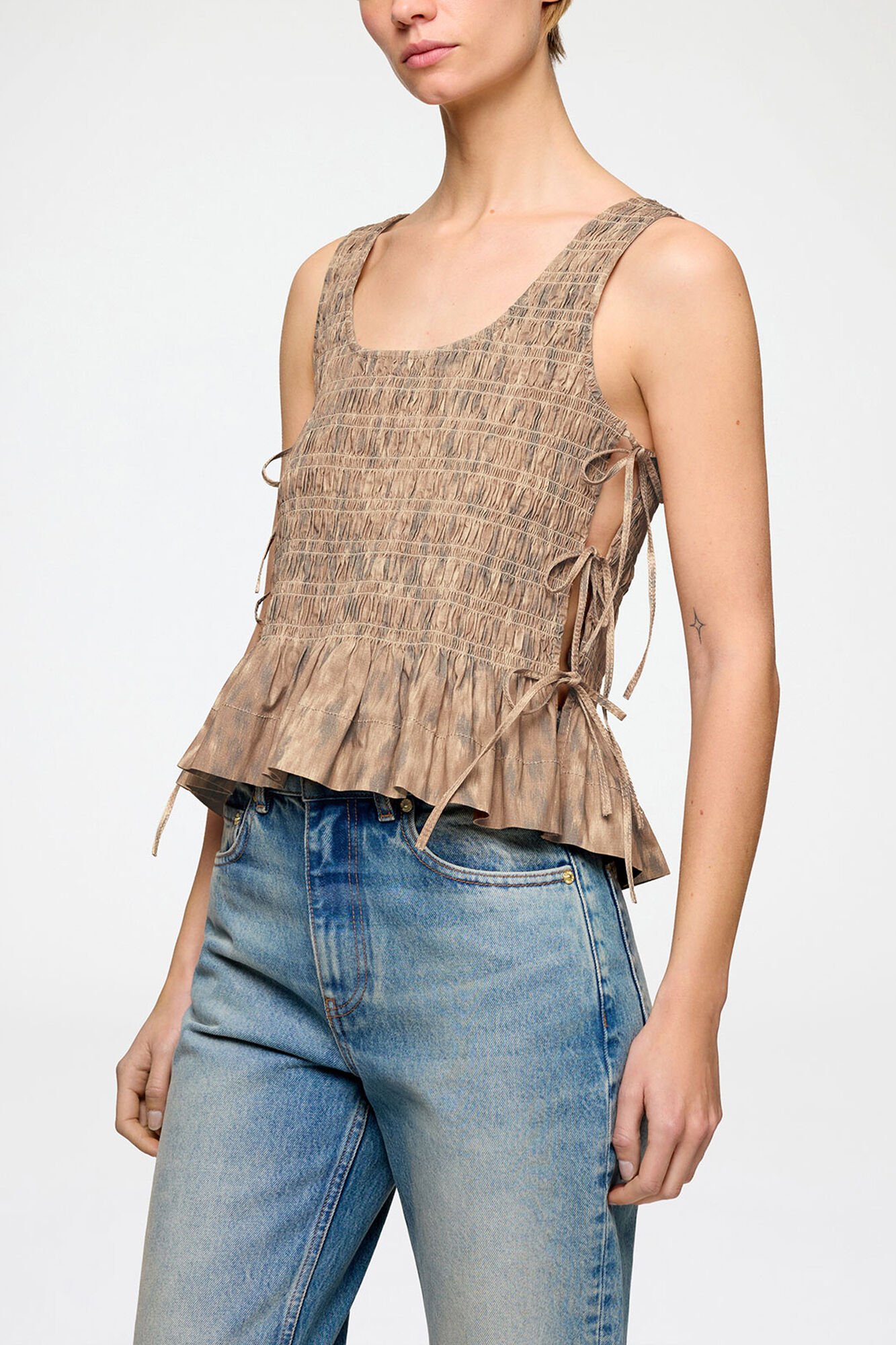 Smock Top in Printed Stretch, Organic Cotton, in colour Burro - 1 - GANNI