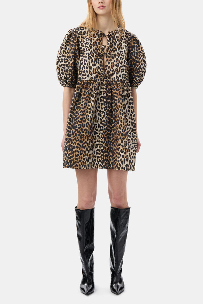Leopard Printed Cotton Tie String Mini Dress, Leopard