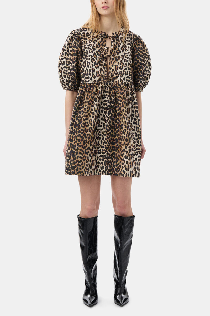 Leopard Printed Cotton Tie String Mini Dress, Organic Cotton, in colour Leopard - 1 - GANNI