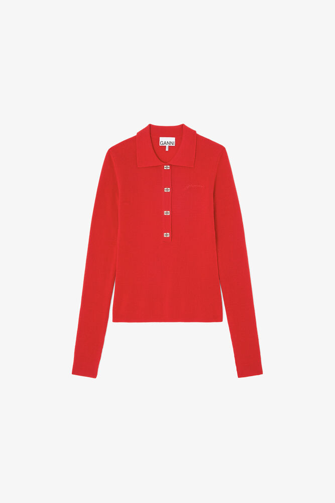 Polo Shirt in Red Merino, Goji Berry