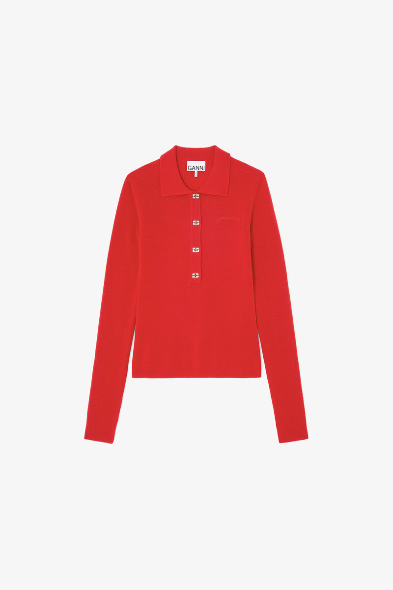 Pikétröja i röd merinoull, Wool, in colour Goji Berry - 1 - GANNI