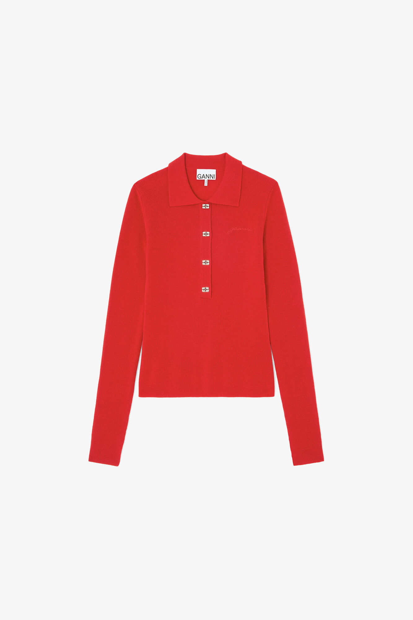 Pikétröja i röd merinoull, Wool, in colour Goji Berry - 1 - GANNI