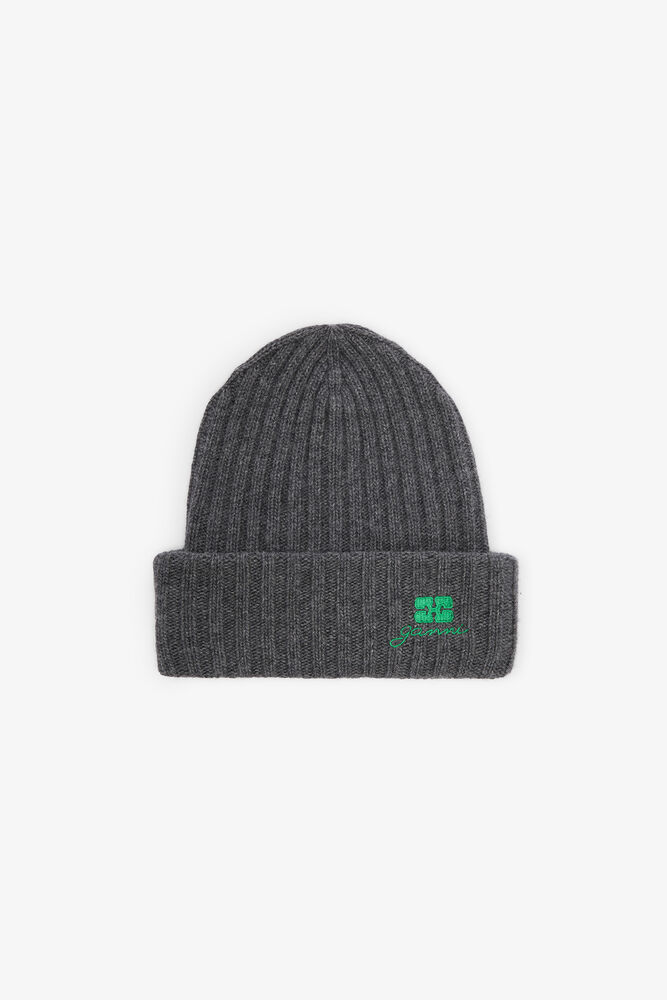Beanie in Grey Wool Knit, Charcoal Grey