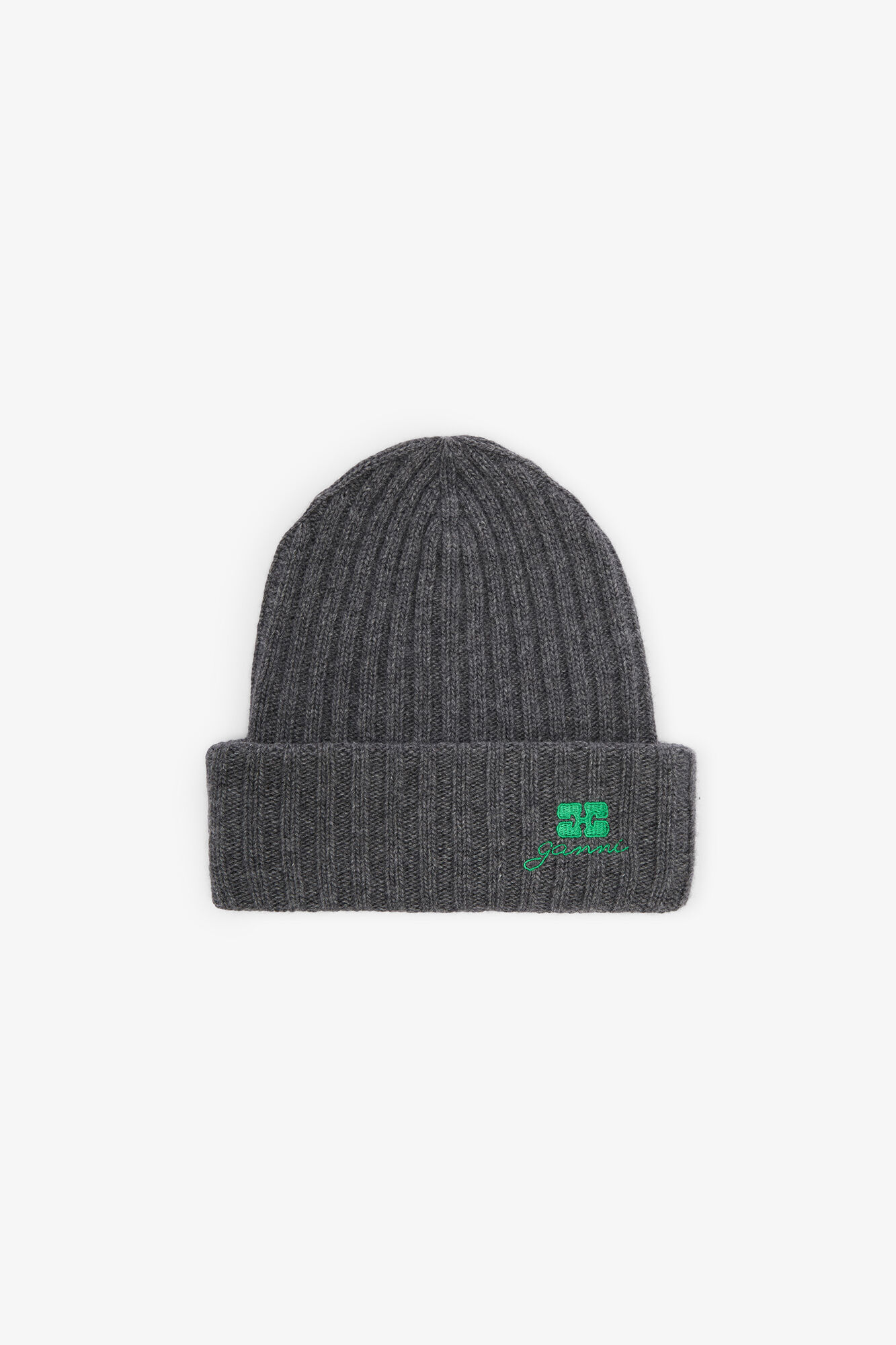 Beanie in Grey Wool Knit, Wool, in colour Charcoal Grey - 1 - GANNI