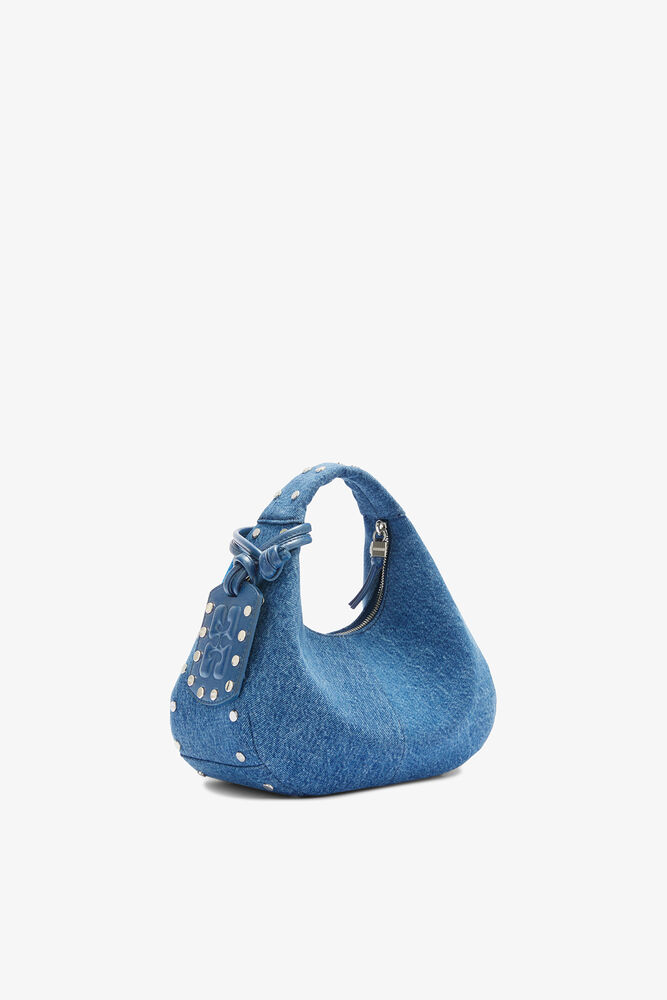 Mini Hobo Bag with Studs in Denim, Mid Blue Vintage