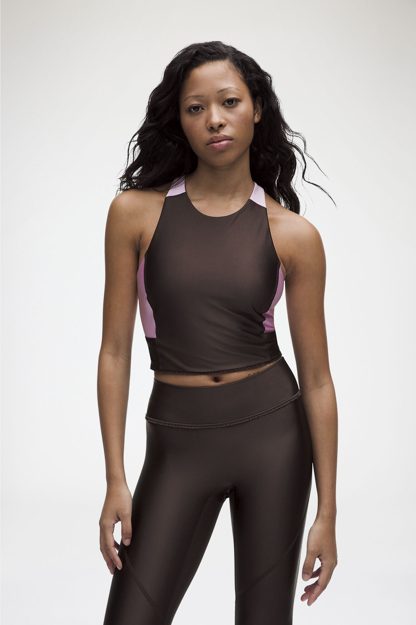 Ruffle-Trim Cropped Tank in Brown, Recycled Polyamide, in colour Espresso - 1 - GANNI