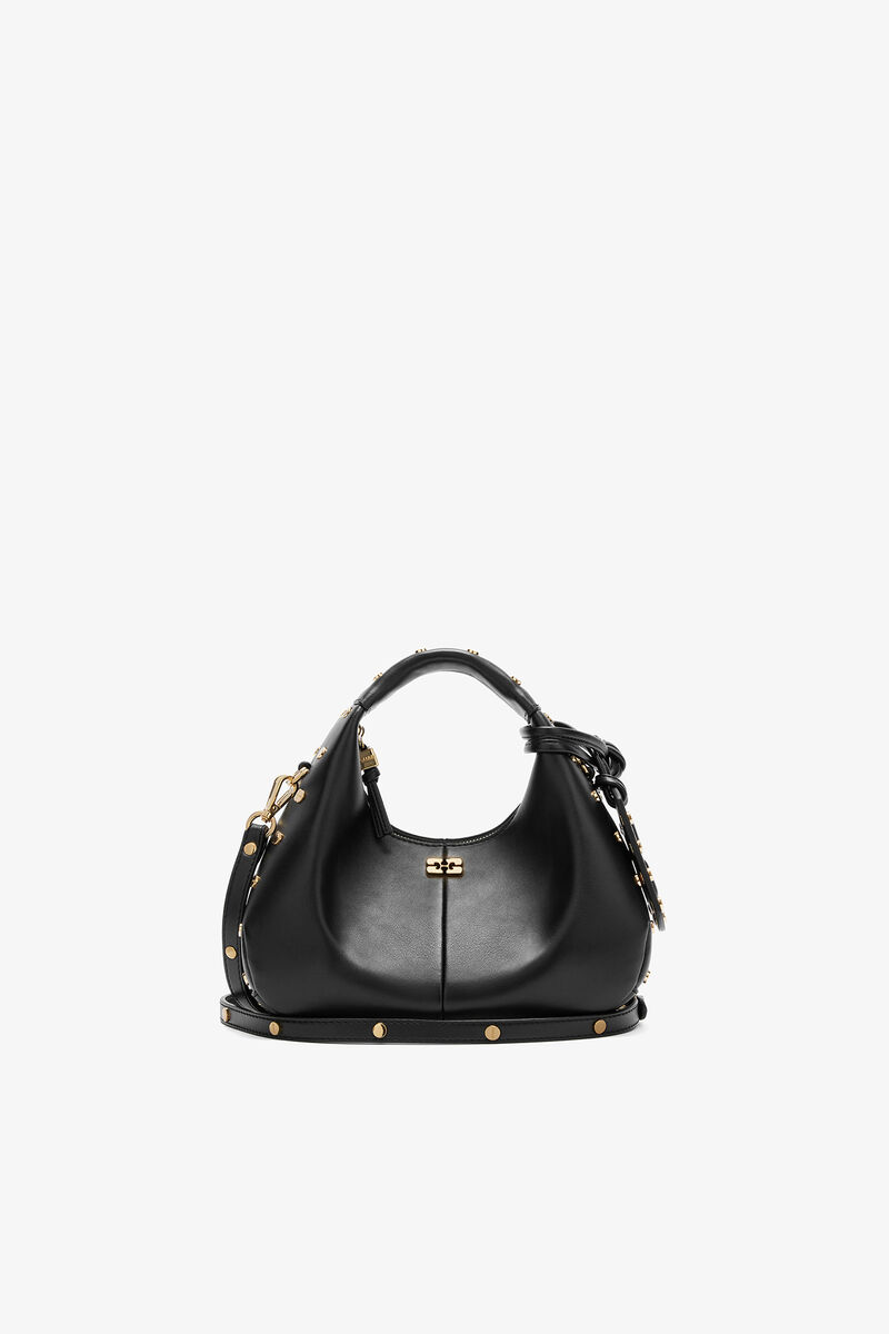Mini-Hobo-Tasche mit Nieten in Schwarz, Recycled Leather, in colour Black - 1 - GANNI
