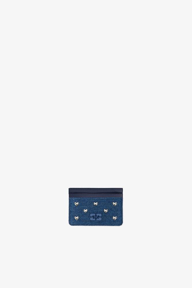 Bou Card Holder with Heart Studs in Denim, Faded Denim