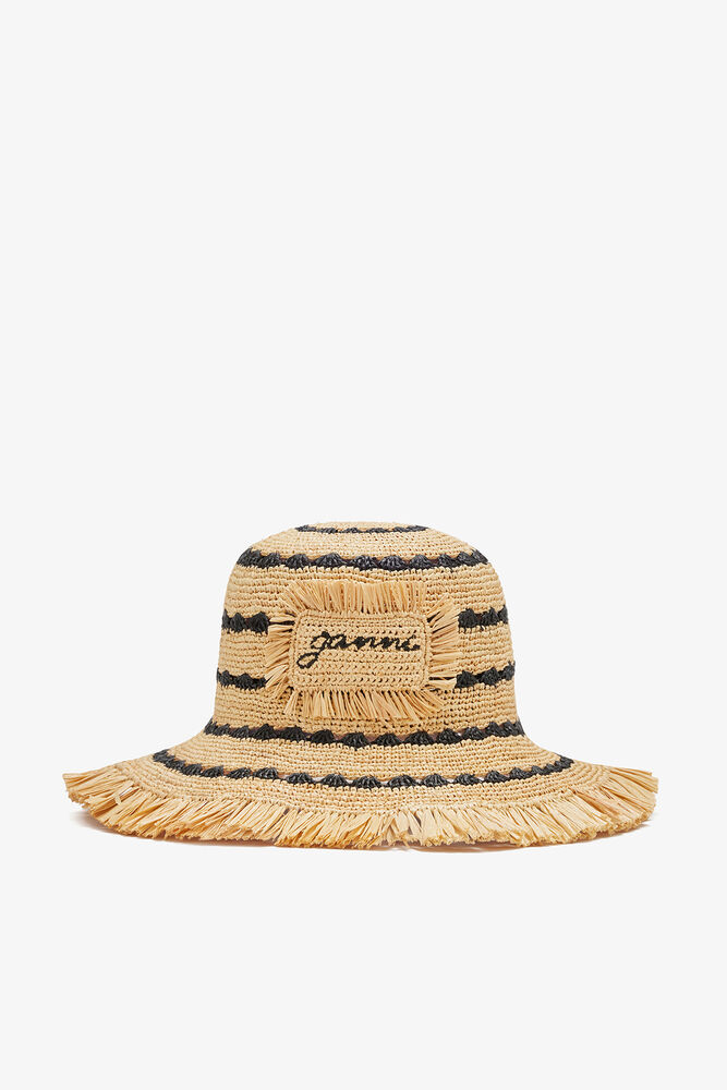 Bucket Hat in Striped Raffia, Multicolour