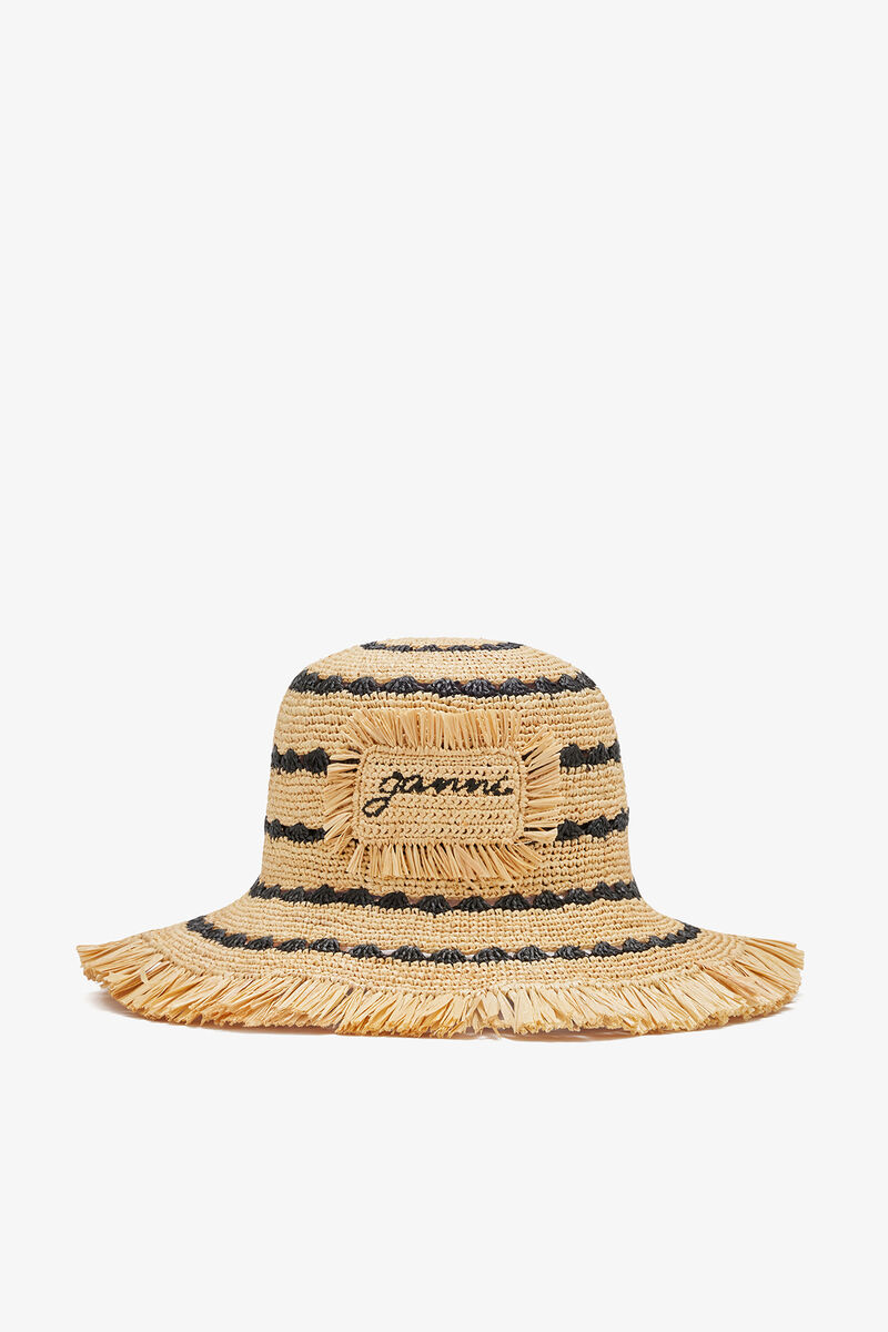 Bucket Hat in Striped Raffia, Polypropylene, in colour Multicolour - 1 - GANNI