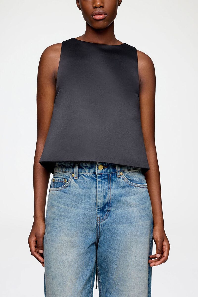 Top in Black Satin, Recycled Polyester, in colour Black - 2 - GANNI