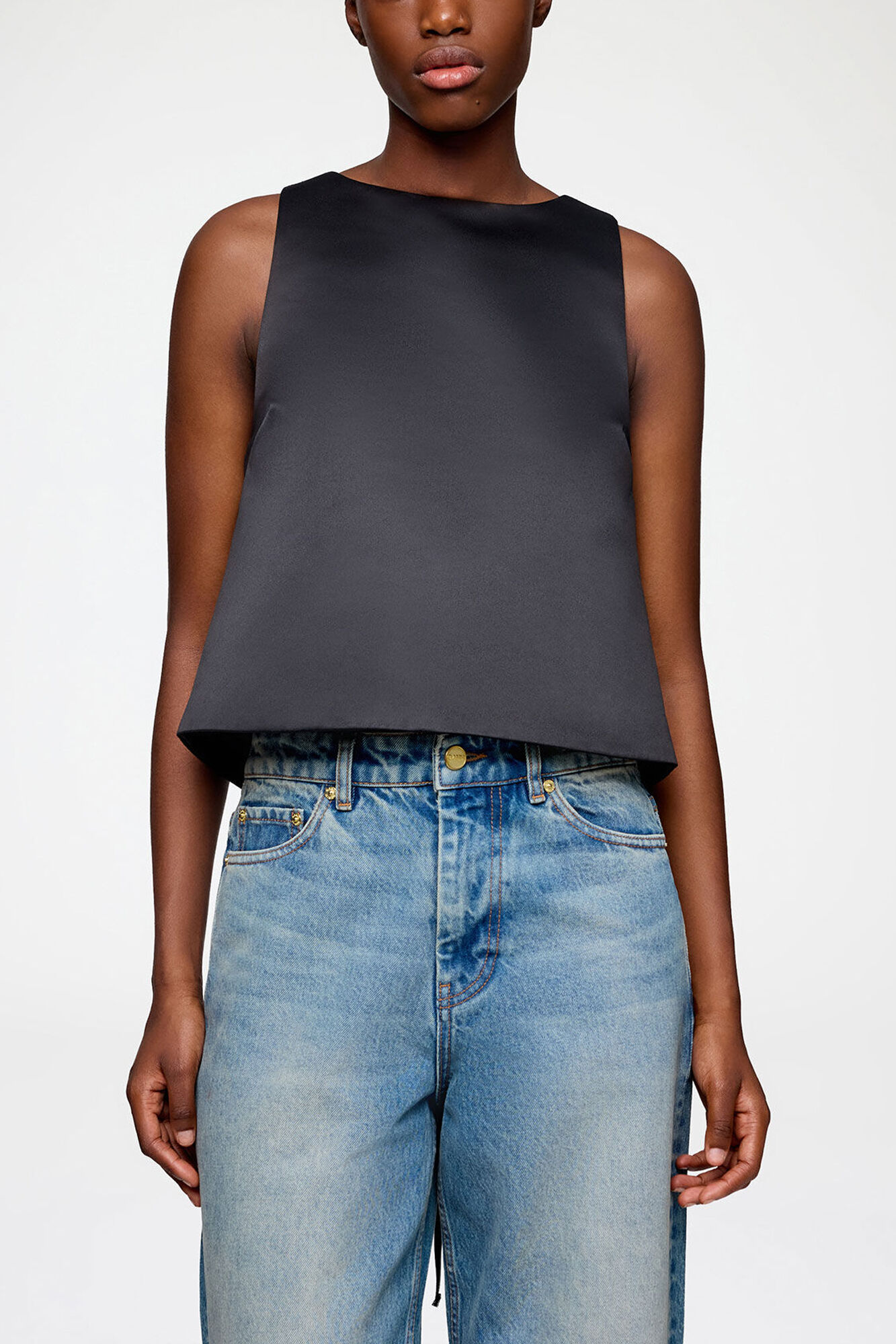 Top in Black Satin, Recycled Polyester, in colour Black - 2 - GANNI