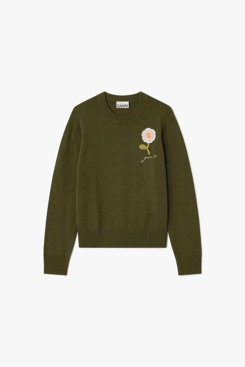 Jumper with Crochet Flower, Wool, in colour Dark Green - 1 - GANNI
