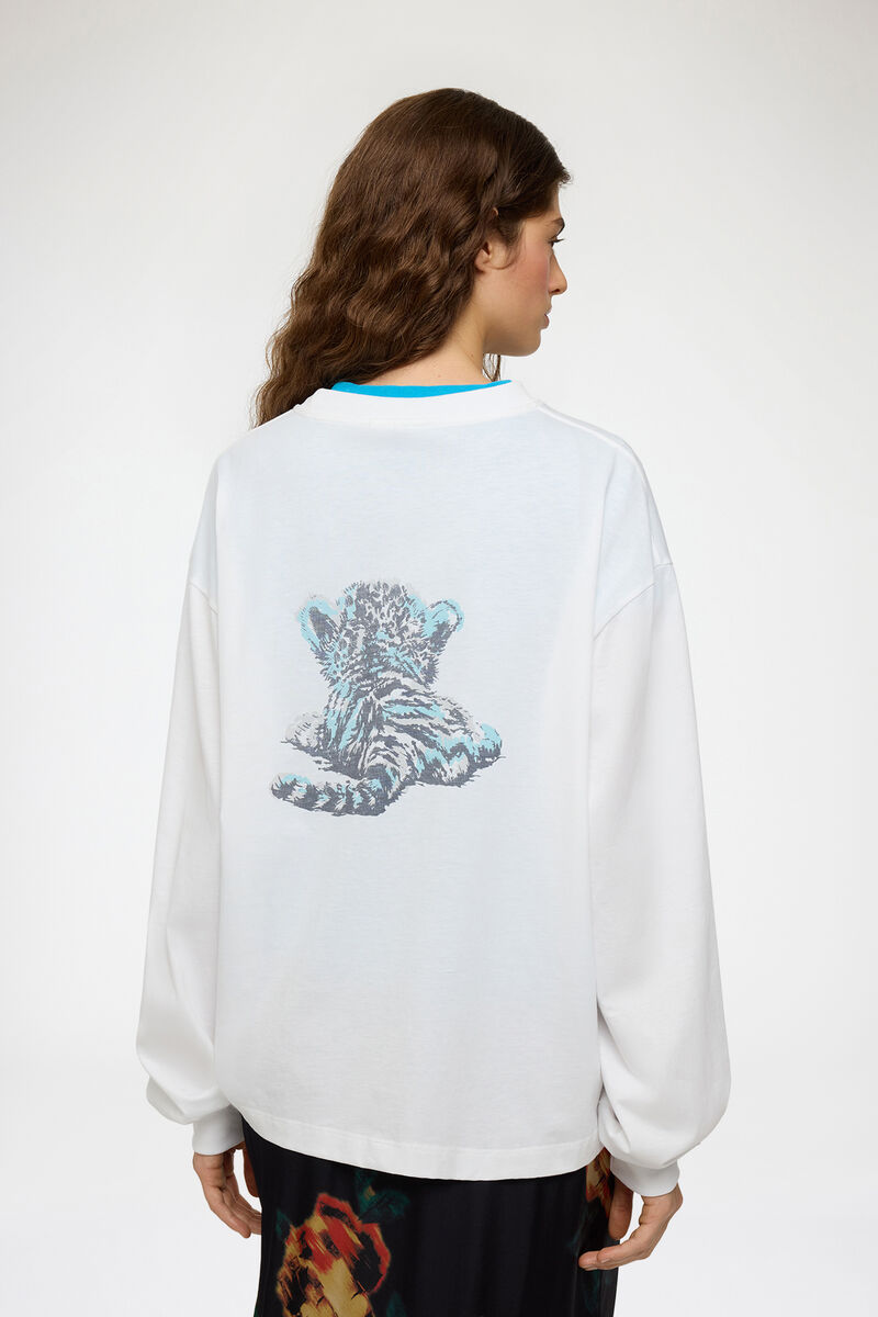 Long-sleeve T-Shirt with Blue Tiger, Organic Cotton, in colour Bright White - 3 - GANNI