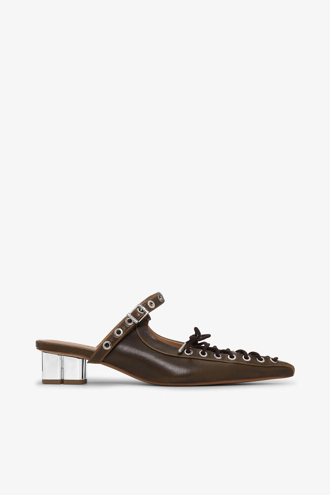 Lace-Up Mules in Dark-Olive Oleatex, Dark Olive