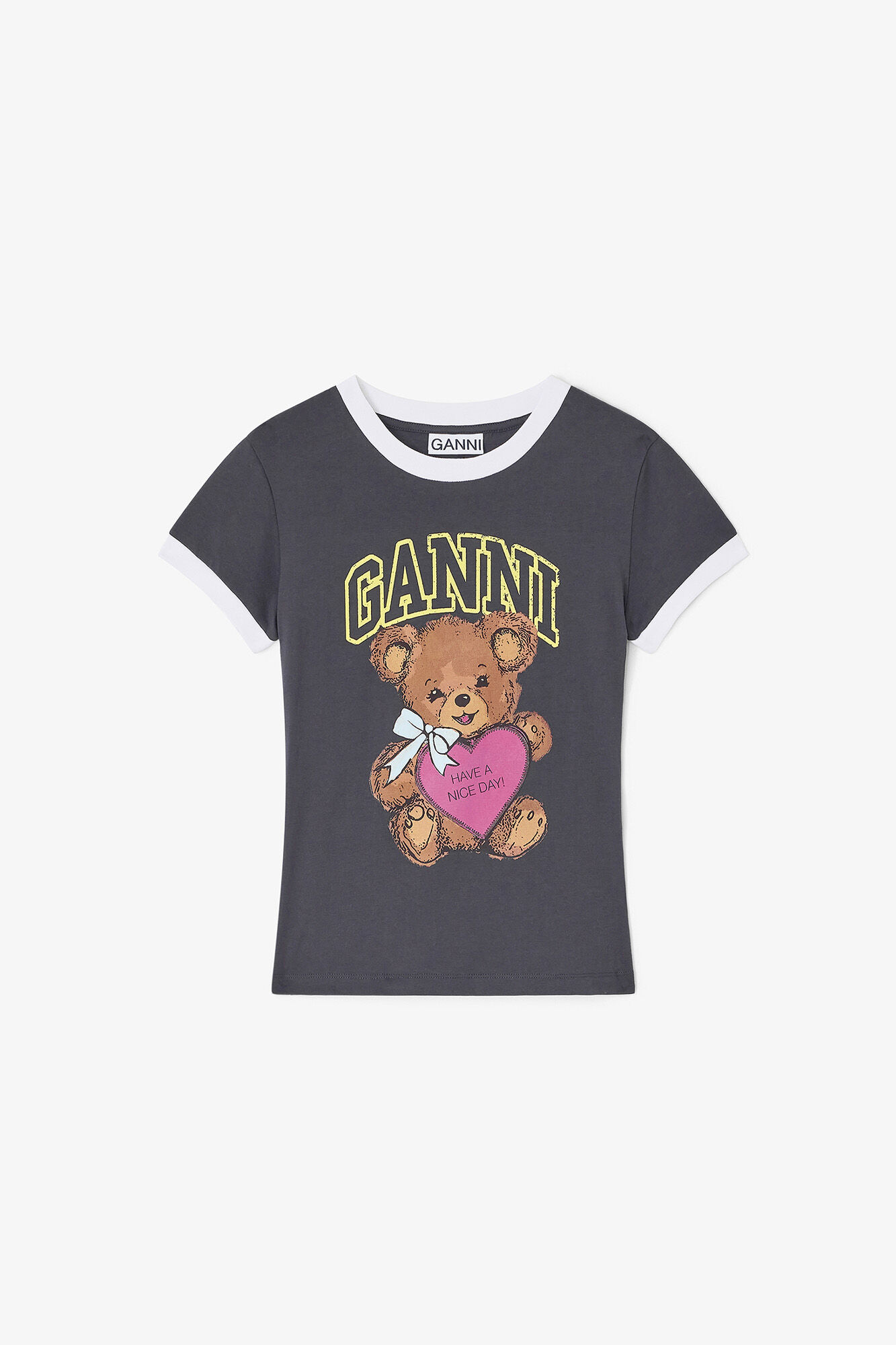 Black Cropped Teddy T-shirt, Organic Cotton, in colour Phantom - 1 - GANNI