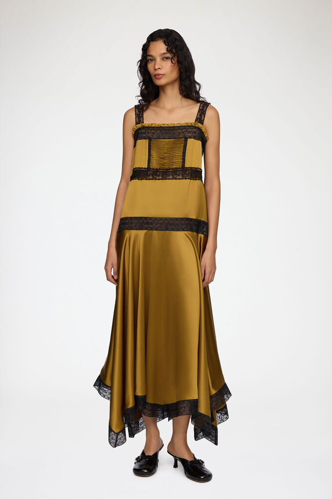 Dress in Green Silk Satin, Ecru Olive