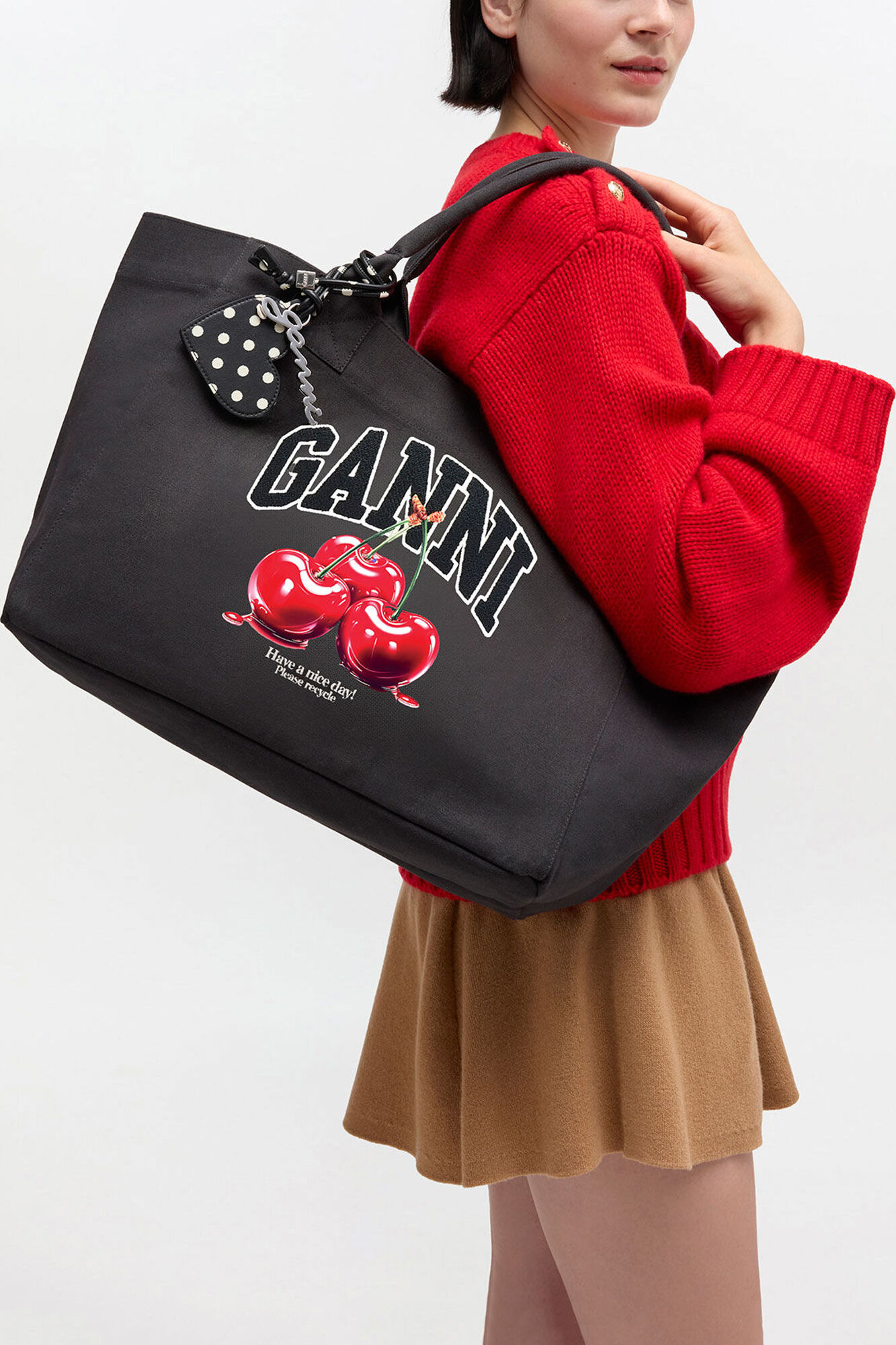 Tote Medium with Cherry, Recycled Cotton, in colour Phantom - 1 - GANNI