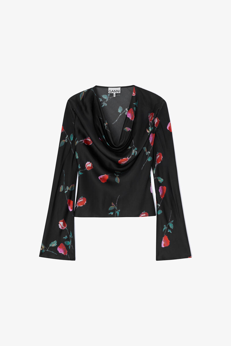 Satinbluse med print, Viscose, in colour Black - 1 - GANNI