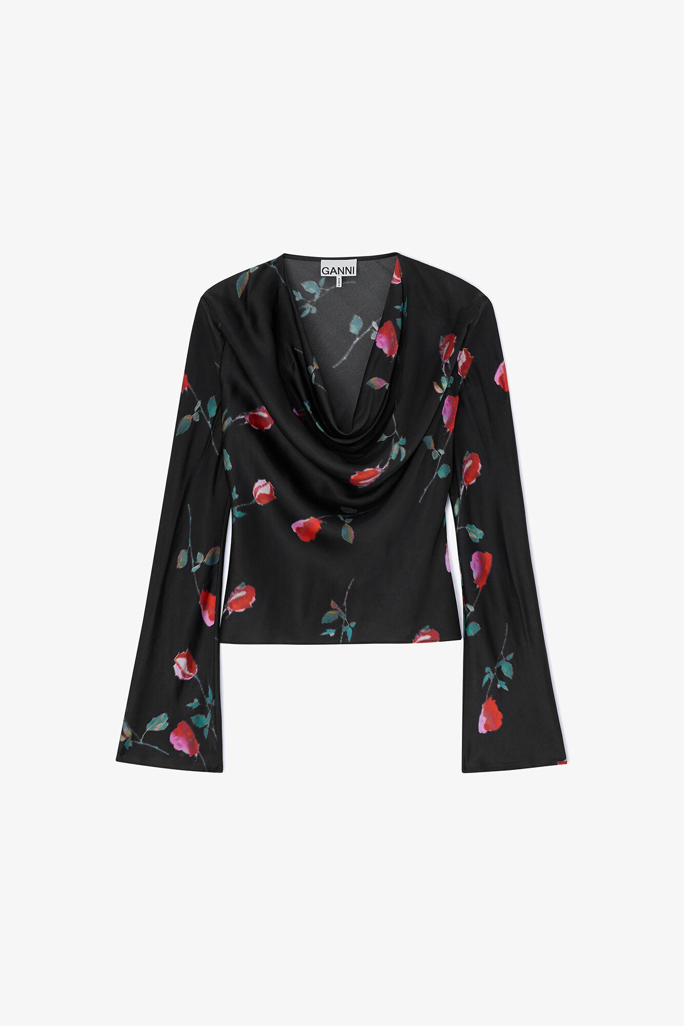 Satinbluse med print, Viscose, in colour Black - 1 - GANNI