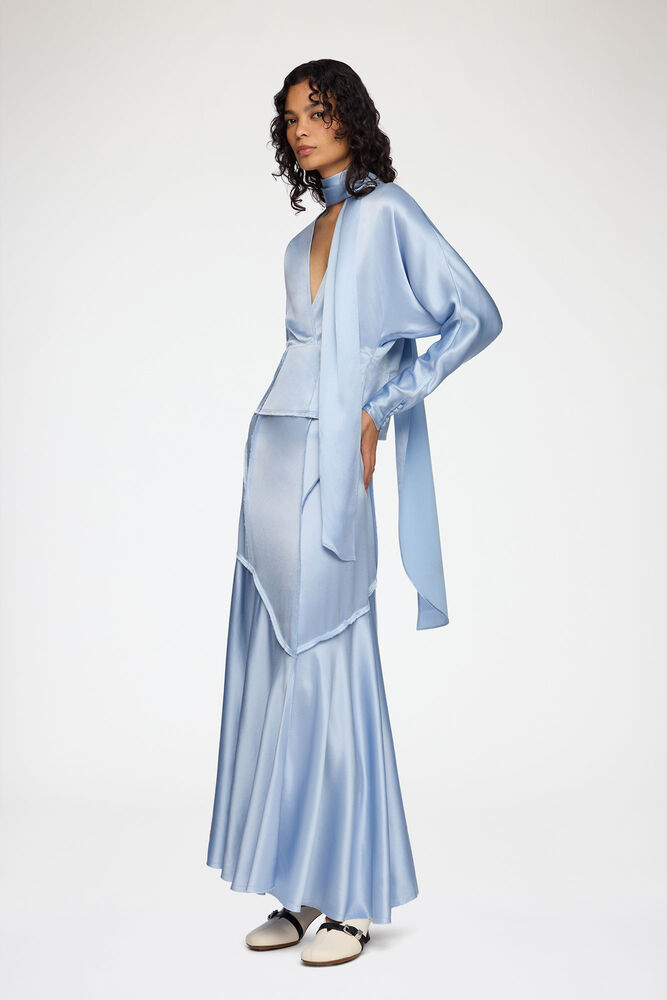 Long Skirt in Blue Satin, Soft Chambray