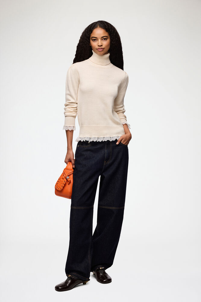 Rollkragenpullover aus Spitzenmerinowolle, Egret