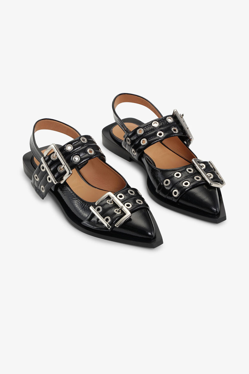 Feminine Buckle Ballerinas in Black, Recycled Polyester, in colour Black - 3 - GANNI