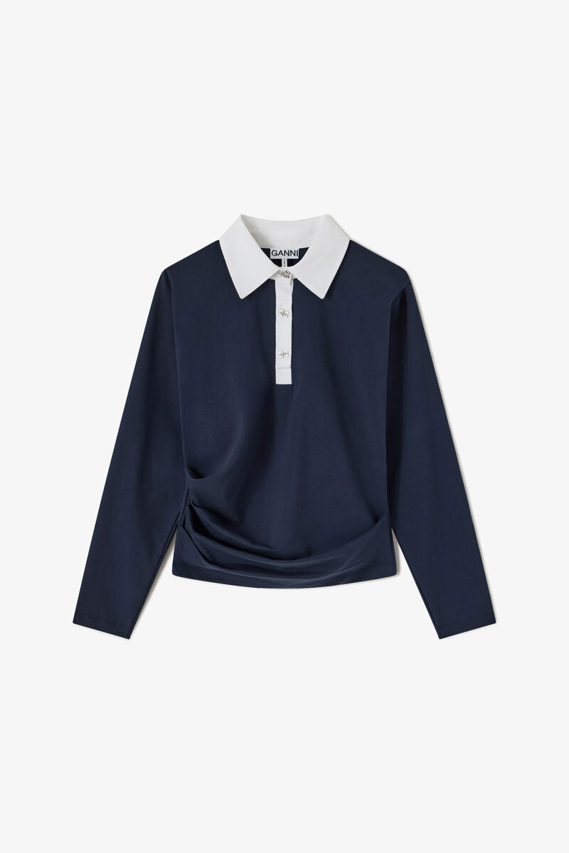 Polo Shirt in Navy Jersey, Organic Cotton, in colour Sky Captain - 1 - GANNI
