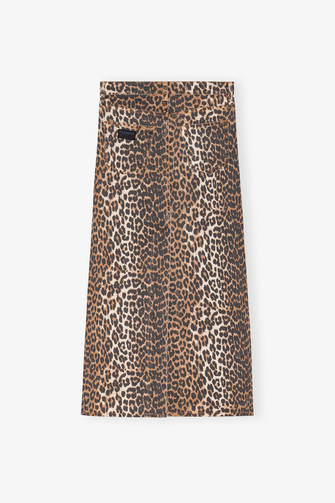 Leopard Denim Maxi Slit Skirt, Leopard